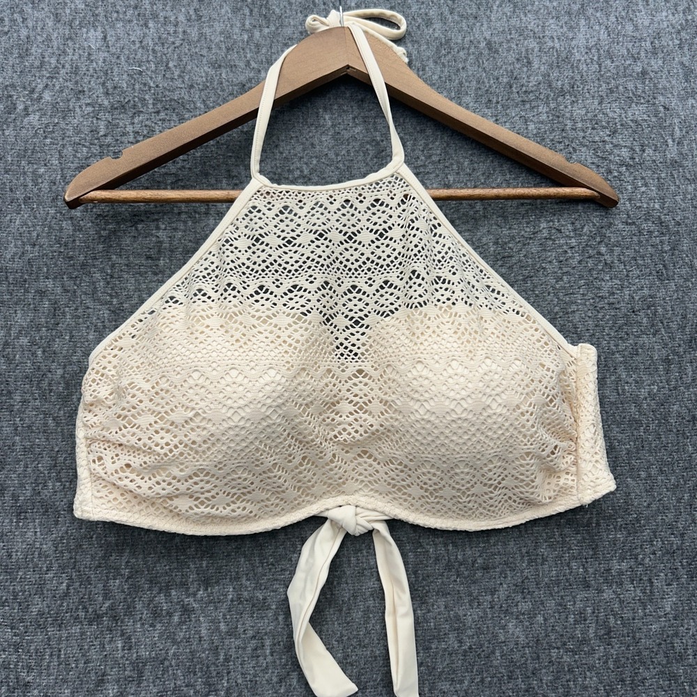 Venus Crochet High-Neck Halter Bikini Top Beige Cream Boho 34DD Swim